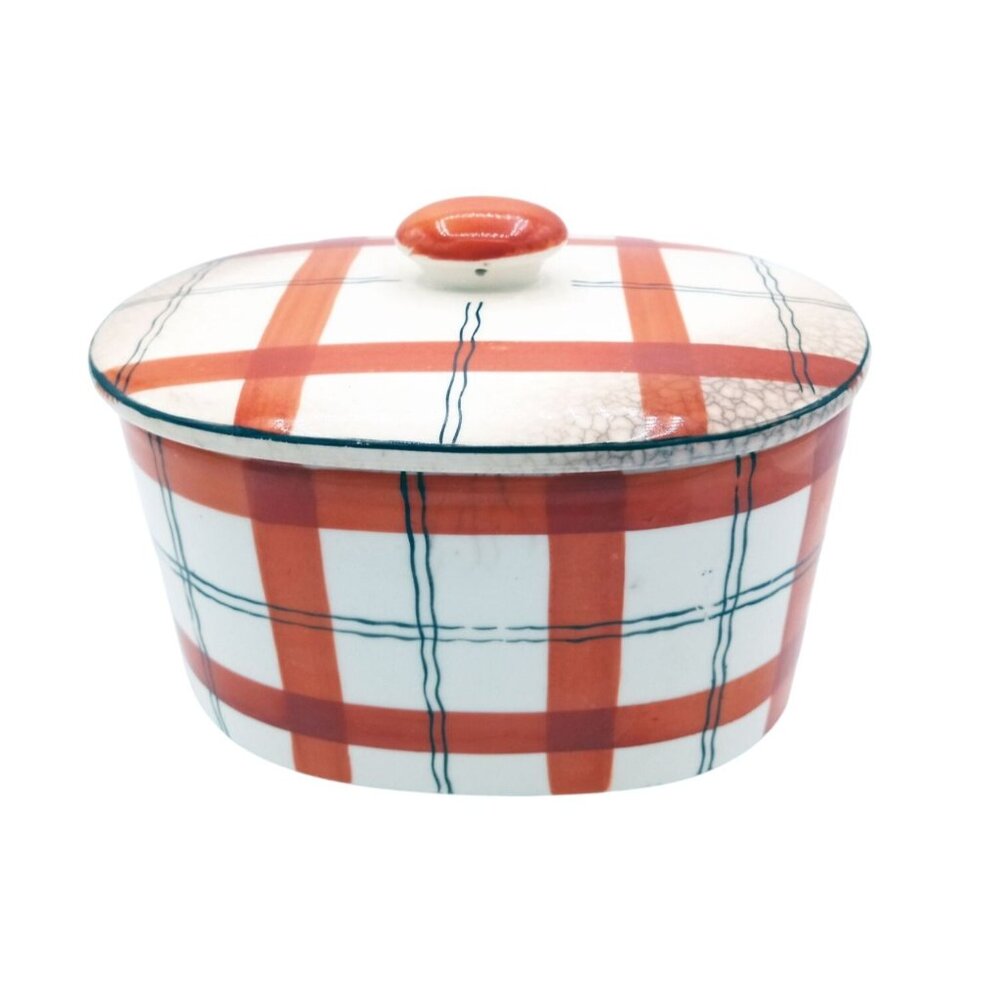 Red Plaid Storage Container Hand Painted Ceramic Crazed Vintage Takito Company